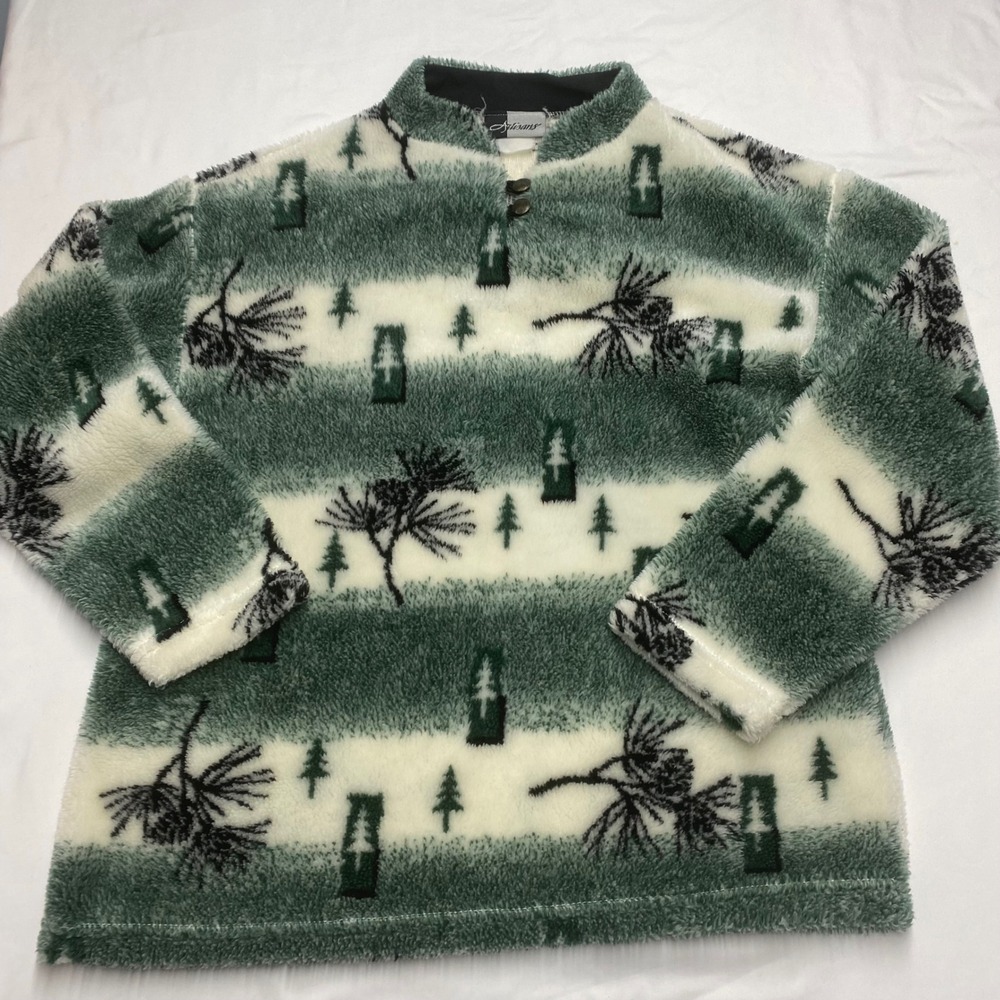 Artisans Green Pine Tree Fleece Pullover Mock Neck Button Cabin Sweater